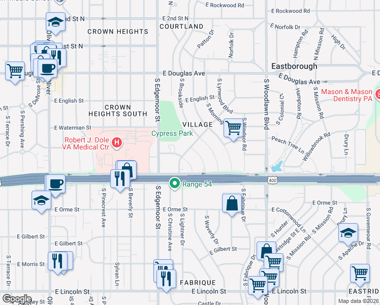 map of restaurants, bars, coffee shops, grocery stores, and more near 397-413 South Ridgecrest Street in Wichita