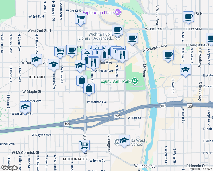 map of restaurants, bars, coffee shops, grocery stores, and more near 817 1/2 Burton Street in Wichita