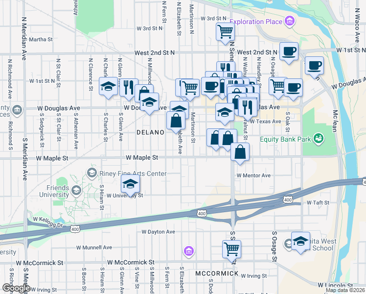 map of restaurants, bars, coffee shops, grocery stores, and more near 312 South Elizabeth in Wichita