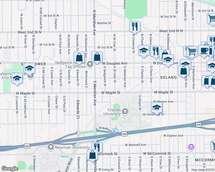 map of restaurants, bars, coffee shops, grocery stores, and more near 218 South Sedgwick Street in Wichita