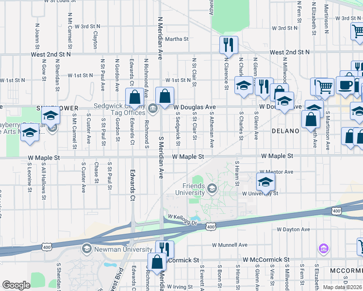 map of restaurants, bars, coffee shops, grocery stores, and more near 218 South Sedgwick Street in Wichita