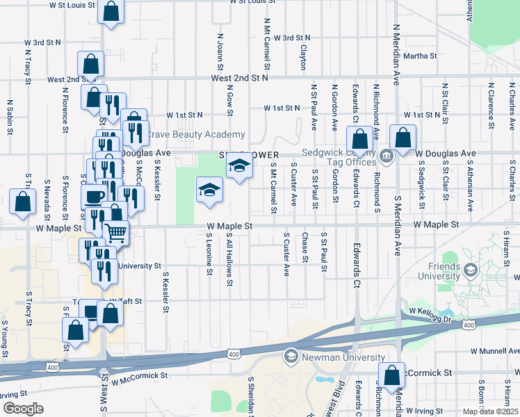 map of restaurants, bars, coffee shops, grocery stores, and more near 220 South Sheridan Street in Wichita