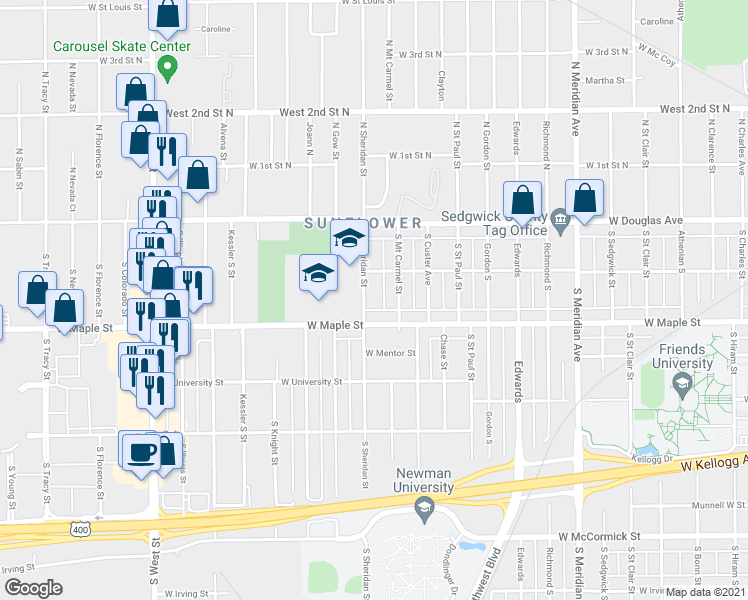 map of restaurants, bars, coffee shops, grocery stores, and more near 220 South Sheridan Street in Wichita
