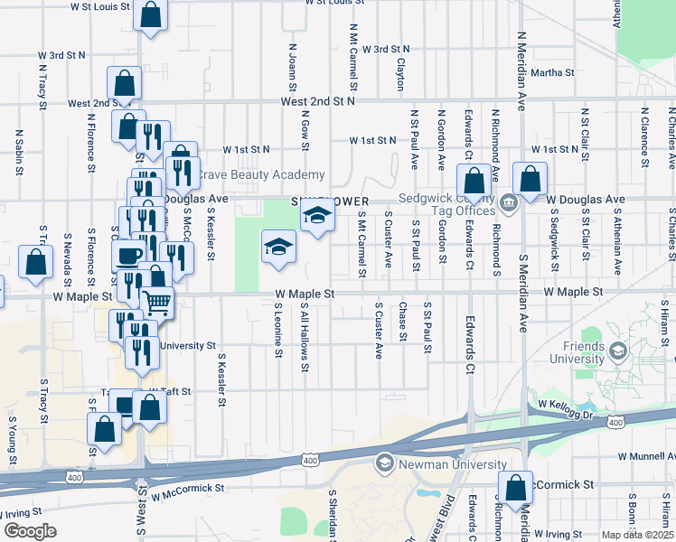 map of restaurants, bars, coffee shops, grocery stores, and more near 220 South Sheridan Street in Wichita