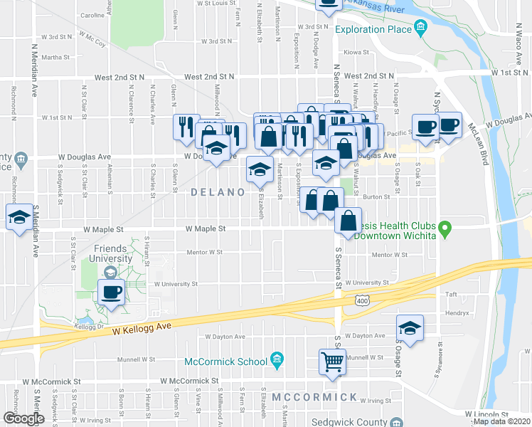 map of restaurants, bars, coffee shops, grocery stores, and more near 330 South Elizabeth in Wichita