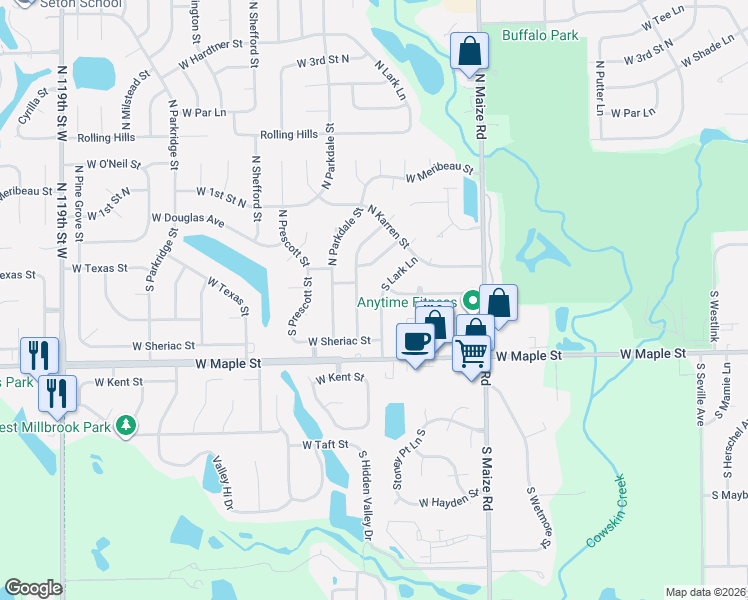 map of restaurants, bars, coffee shops, grocery stores, and more near 159-165 South Lark Lane in Wichita