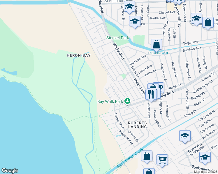 map of restaurants, bars, coffee shops, grocery stores, and more near 15358 Bittern Court in San Leandro