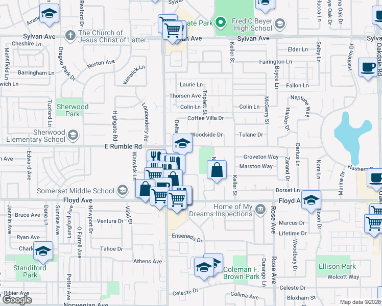map of restaurants, bars, coffee shops, grocery stores, and more near 1300 East Rumble Road in Modesto