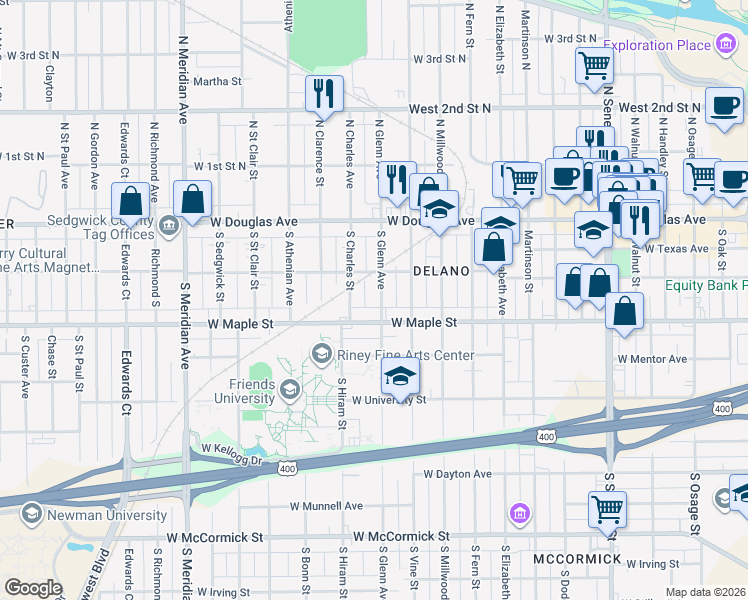 map of restaurants, bars, coffee shops, grocery stores, and more near 222 South Charles Street in Wichita