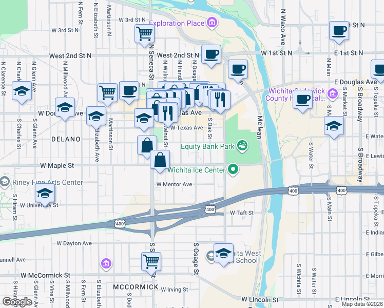 map of restaurants, bars, coffee shops, grocery stores, and more near 321 South Osage Street in Wichita