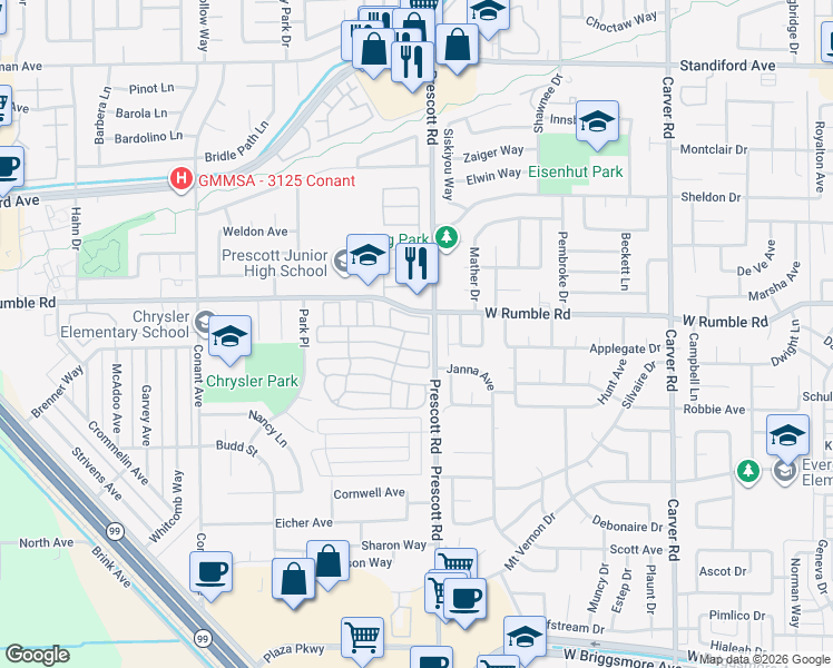 map of restaurants, bars, coffee shops, grocery stores, and more near Aquila Dr in Modesto