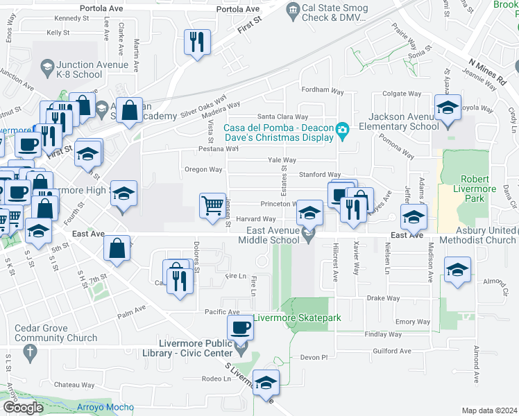map of restaurants, bars, coffee shops, grocery stores, and more near 3865 Princeton Way in Livermore