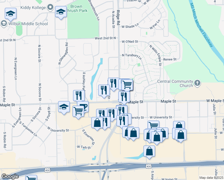 map of restaurants, bars, coffee shops, grocery stores, and more near 214 Brunswick Street in Wichita