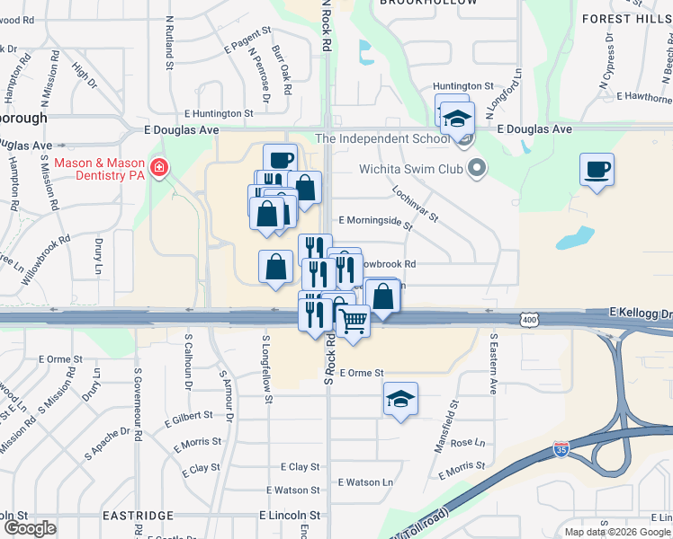 map of restaurants, bars, coffee shops, grocery stores, and more near 8014 East Willowbrook Road in Wichita