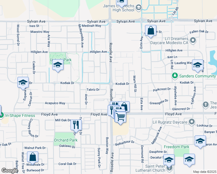 map of restaurants, bars, coffee shops, grocery stores, and more near 2988 Essie Place in Modesto