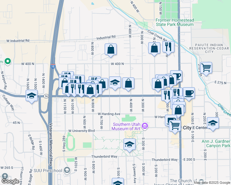 map of restaurants, bars, coffee shops, grocery stores, and more near 550 West 200 North in Cedar City