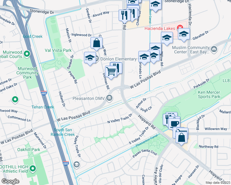 map of restaurants, bars, coffee shops, grocery stores, and more near 6280 West Las Positas Boulevard in Pleasanton