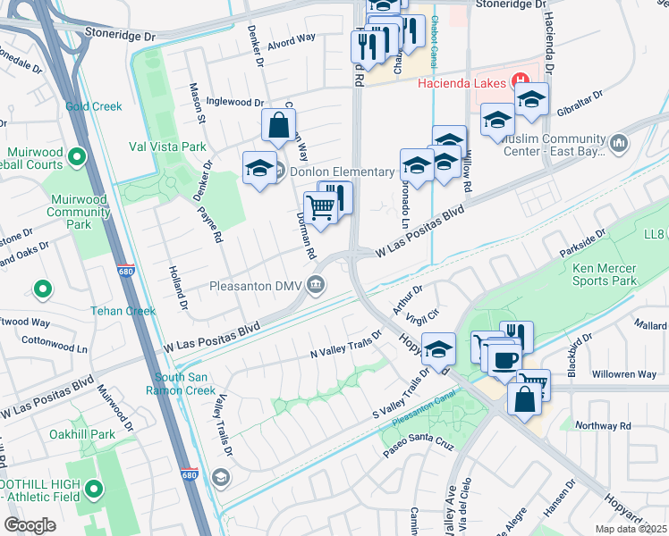 map of restaurants, bars, coffee shops, grocery stores, and more near 6280 West Las Positas Boulevard in Pleasanton