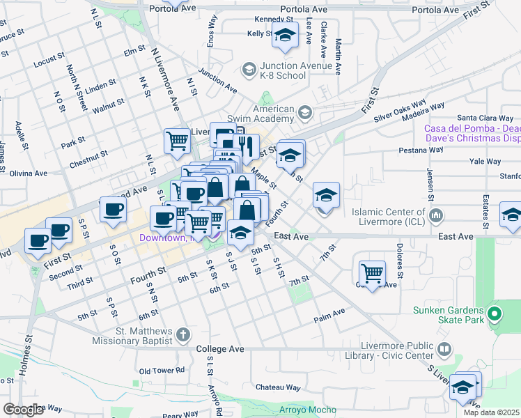 map of restaurants, bars, coffee shops, grocery stores, and more near 2397 Third Street in Livermore