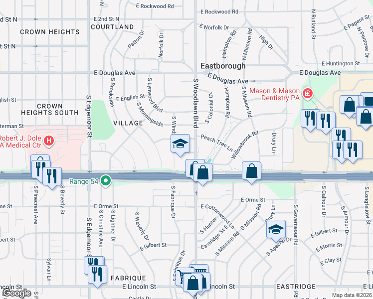 map of restaurants, bars, coffee shops, grocery stores, and more near 6330 Willowbrook St in Wichita