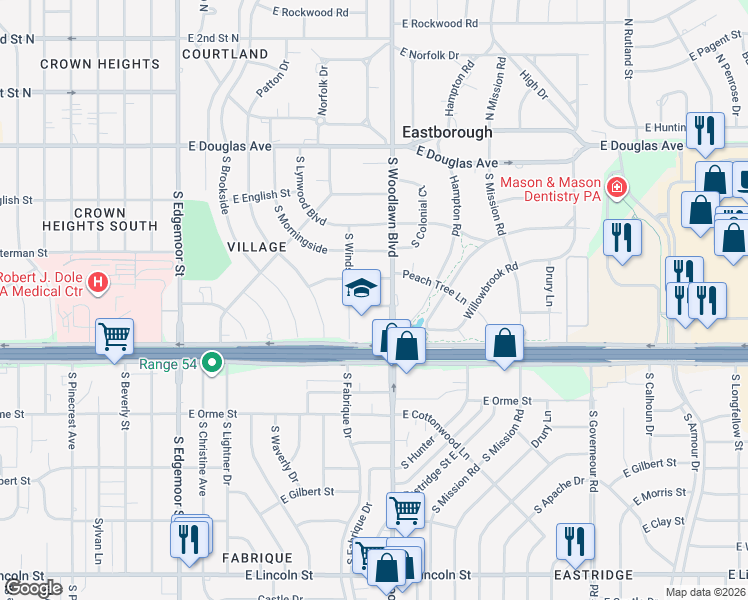 map of restaurants, bars, coffee shops, grocery stores, and more near 6330 Willowbrook Street in Wichita