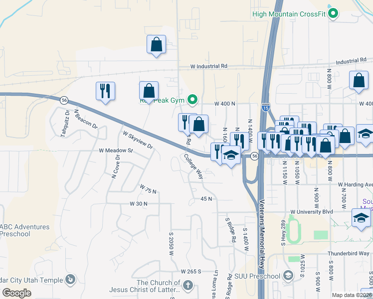map of restaurants, bars, coffee shops, grocery stores, and more near 201 North Airport Road in Cedar City
