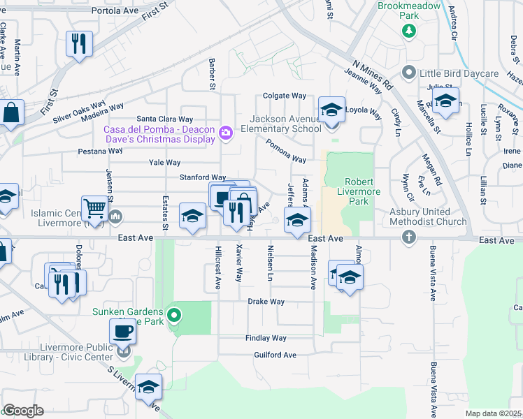map of restaurants, bars, coffee shops, grocery stores, and more near 702 Hayes Avenue in Livermore