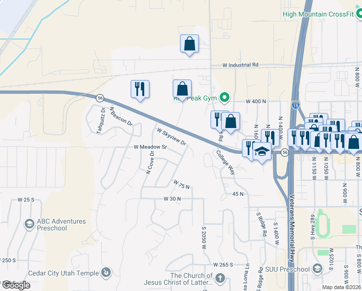 map of restaurants, bars, coffee shops, grocery stores, and more near 2171 W Skyview Dr in Cedar City
