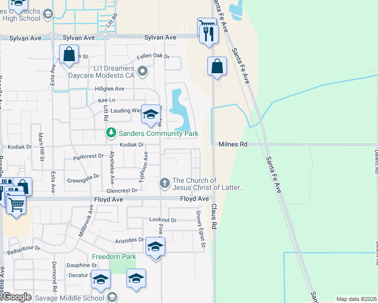 map of restaurants, bars, coffee shops, grocery stores, and more near 3909 Ruffed Grouse Lane in Modesto