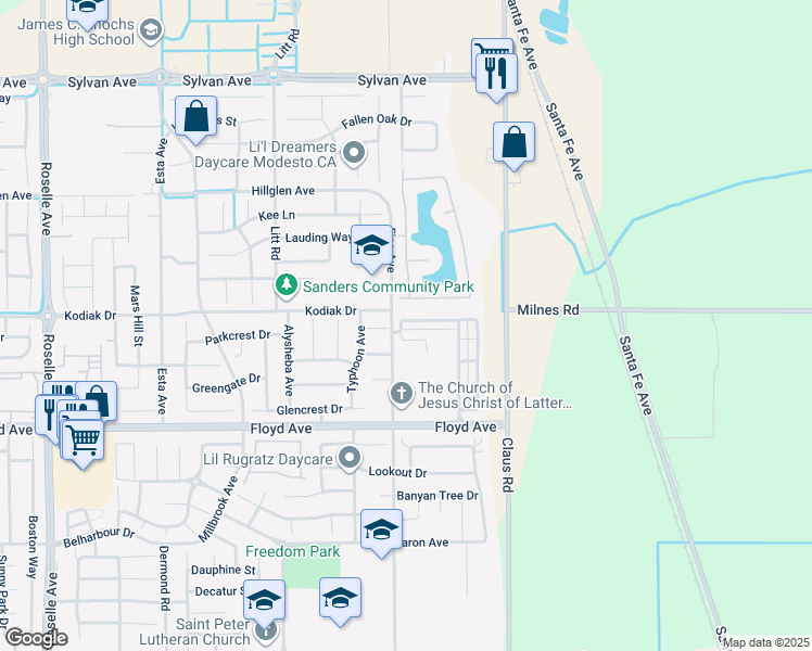 map of restaurants, bars, coffee shops, grocery stores, and more near 3809 Ruffed Grouse Lane in Modesto