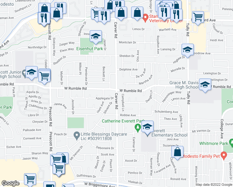 map of restaurants, bars, coffee shops, grocery stores, and more near 1706 West Rumble Road in Modesto