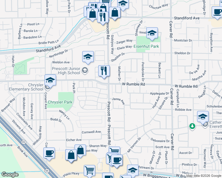 map of restaurants, bars, coffee shops, grocery stores, and more near 2817 Hillery Drive in Modesto