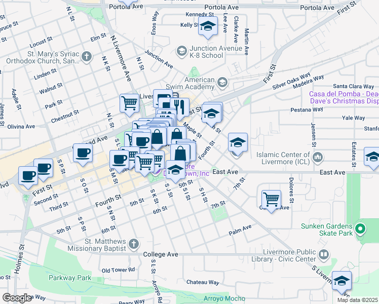 map of restaurants, bars, coffee shops, grocery stores, and more near 2409 3rd Street in Livermore