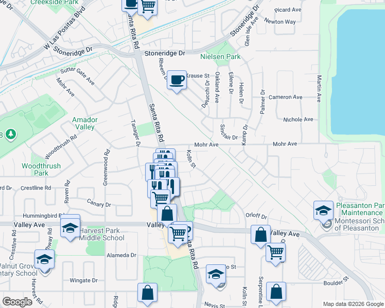 map of restaurants, bars, coffee shops, grocery stores, and more near 4187 Crisfield Lane in Pleasanton