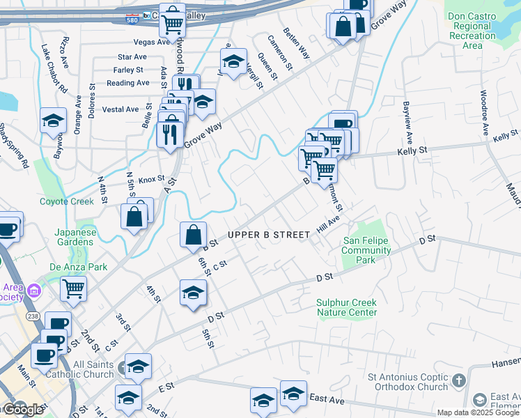 map of restaurants, bars, coffee shops, grocery stores, and more near 1782 B Street in Hayward