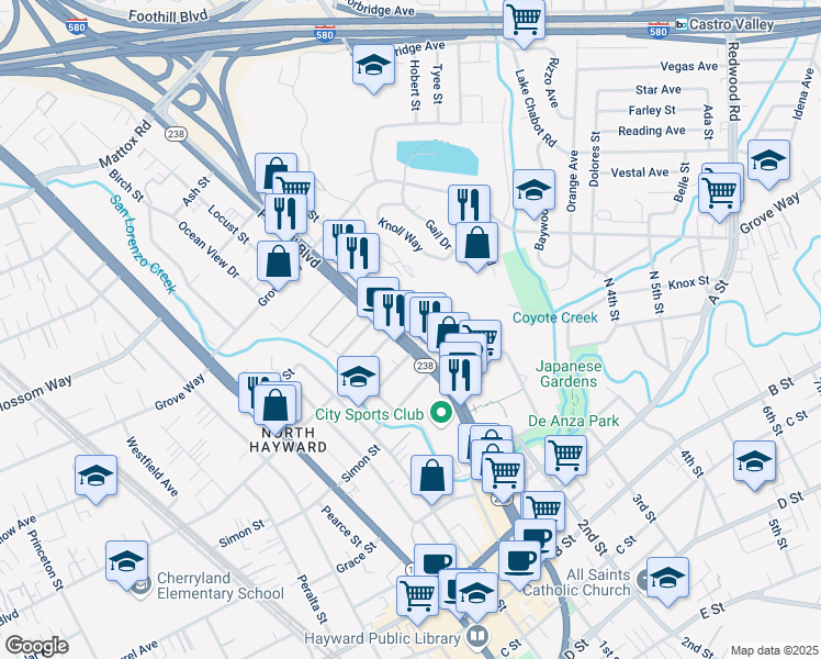 map of restaurants, bars, coffee shops, grocery stores, and more near 21908 Foothill Boulevard in Hayward