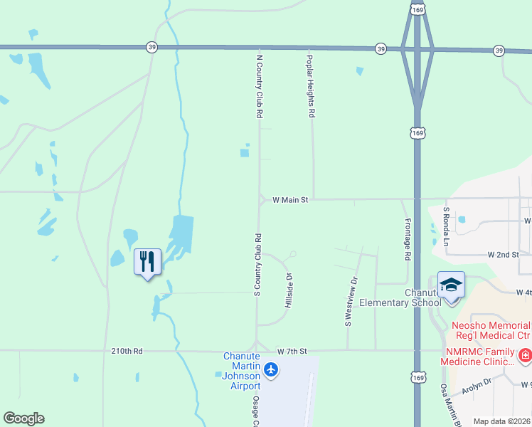 map of restaurants, bars, coffee shops, grocery stores, and more near South Country Club Road in Chanute