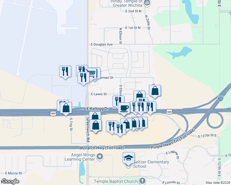 map of restaurants, bars, coffee shops, grocery stores, and more near 11426 East Lewis Street in Wichita