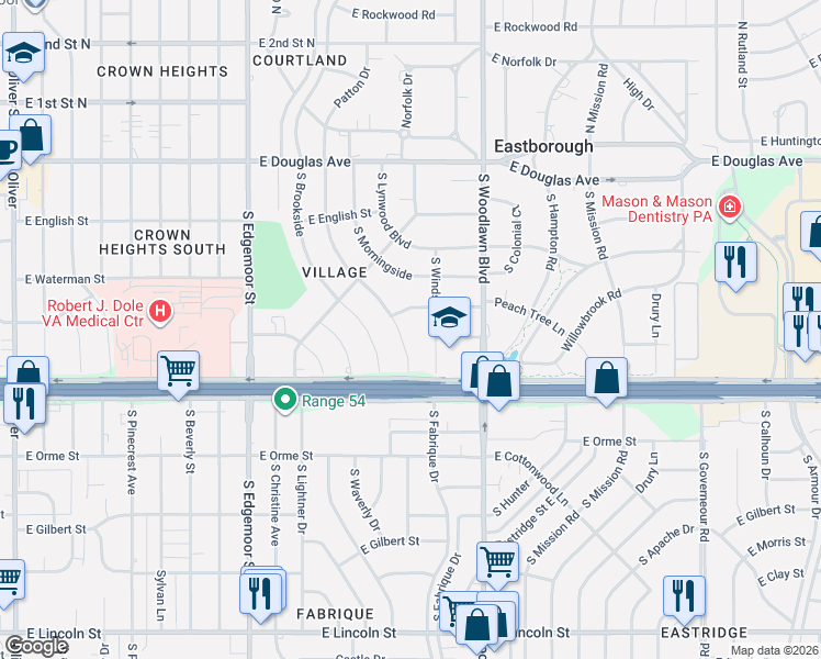 map of restaurants, bars, coffee shops, grocery stores, and more near 413 Windsor Street in Wichita