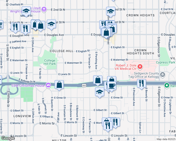 map of restaurants, bars, coffee shops, grocery stores, and more near 324-328 South Terrace Drive in Wichita