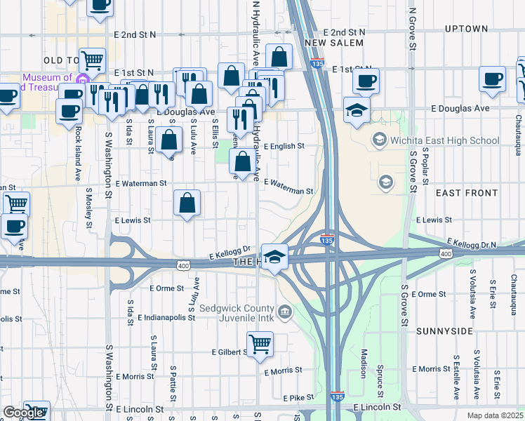 map of restaurants, bars, coffee shops, grocery stores, and more near in Wichita