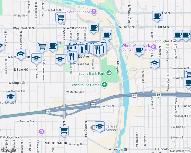 map of restaurants, bars, coffee shops, grocery stores, and more near 325 South Sycamore Street in Wichita
