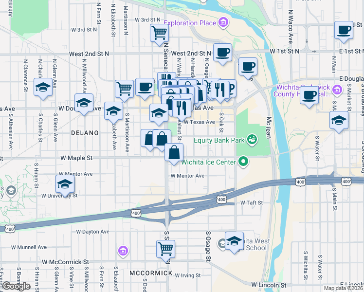 map of restaurants, bars, coffee shops, grocery stores, and more near 316 South Walnut Street in Wichita