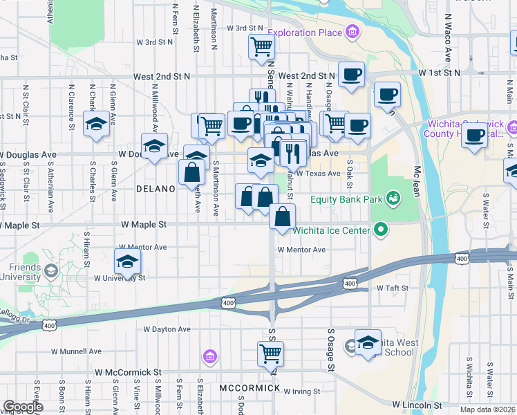 map of restaurants, bars, coffee shops, grocery stores, and more near 313 South Dodge Avenue in Wichita