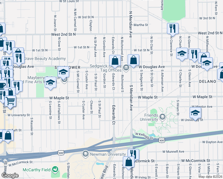 map of restaurants, bars, coffee shops, grocery stores, and more near 225 South Edwards Street in Wichita