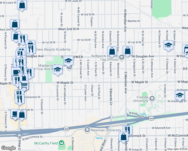 map of restaurants, bars, coffee shops, grocery stores, and more near 222 South Custer Avenue in Wichita