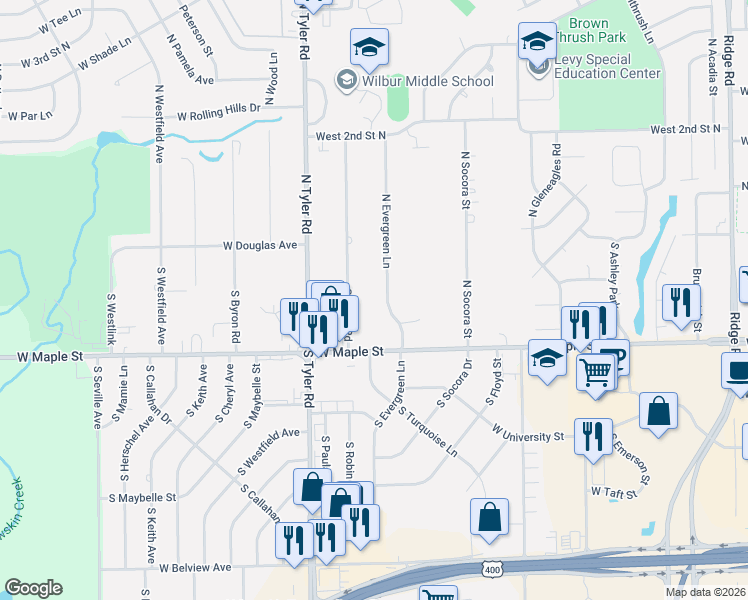 map of restaurants, bars, coffee shops, grocery stores, and more near 155 South Evergreen Lane in Wichita