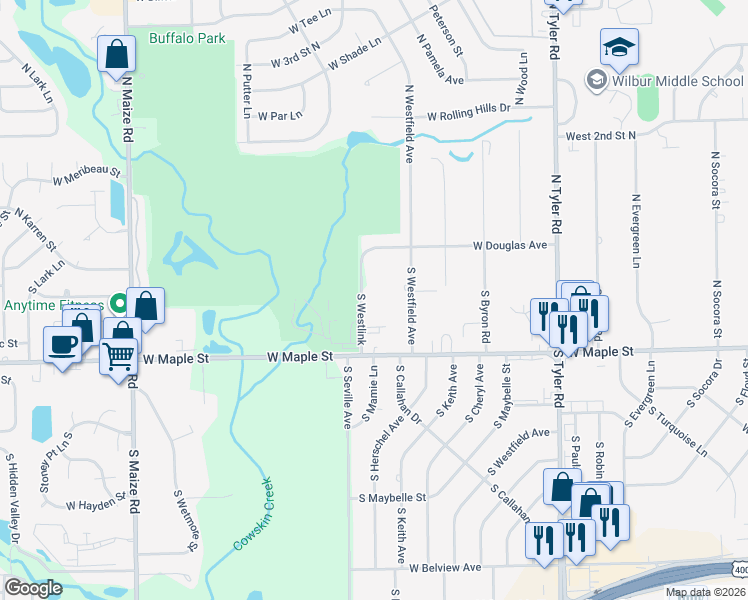 map of restaurants, bars, coffee shops, grocery stores, and more near 200 South Westlink in Wichita