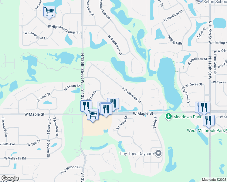 map of restaurants, bars, coffee shops, grocery stores, and more near 162 South Maple Dunes Court in Wichita