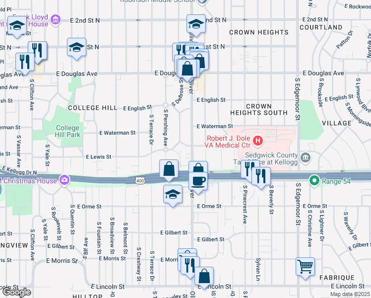 map of restaurants, bars, coffee shops, grocery stores, and more near 4719 East Lewis Street in Wichita